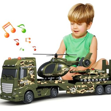 SpringFlower Toddler Boy Toys 3 in 1 Large Army Truck Toy with Helicoper and Tank Military Transport Truck Toy Christmas Birthday Gifts for Kids 3 4 5 6 Years Old