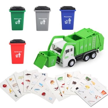 FIVEDAOGANG Small Friction Powered Garbage Truck Toys Set Includes Front Load Dumpster 4 Trash Bins and Trash Learning Cards for Kids