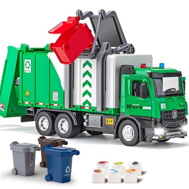 HAPYAD Side Loading Garbage Truck Toys Metal CAB Trash Truck with AirPump Function Lights Sounds Includes 4 Trash Bins Learning Cards Birthday Gift for Toddlers Kids 12