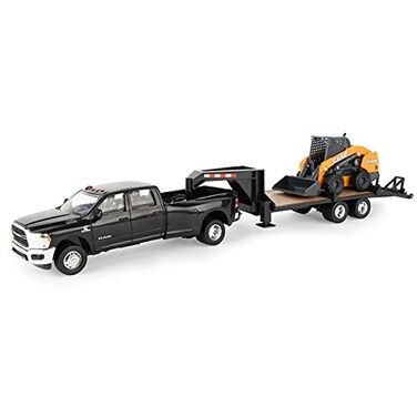 Case IH 132 Big Farm Ram Dually Quad Cab with Lowboy Trailer and Case SV340B Skidsteer Loader 47155