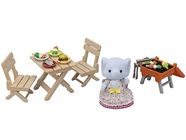 Calico Critters Bubblebrook Elephant Girls BBQ Picnic Set Dollhouse Playset with Figure and Accessories