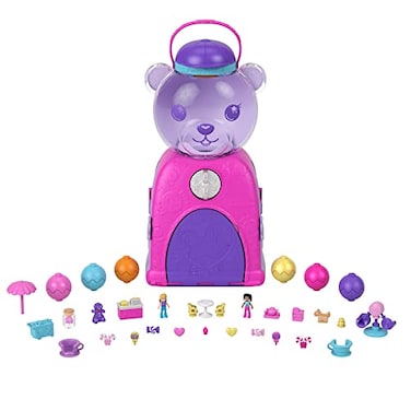 Polly Pocket Travel Toy Gumball Bear Playset with 2 Micro Dolls 26 Surprise Accessories Animal Toy Compact