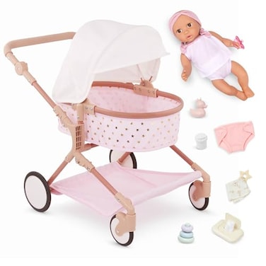 LullaBaby 14Inch Doll Twin Stroller Accessories Set Foldable Canopy Storage Basket Pink Golden Stars Design Pretend Play 2 Years Doll Double Stroller Set