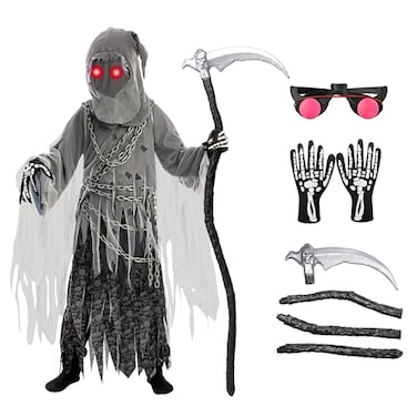 Spooktacular Creations Child Unisex Grim Reaper Costume Halloween Costume with Glowing Red Eyes for Kids TrickorTreatingM810yr