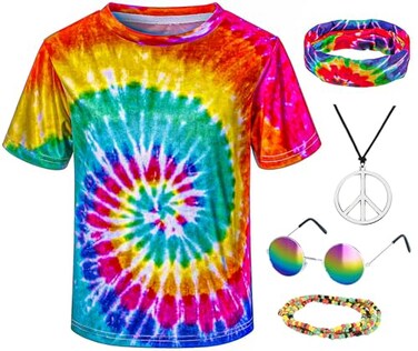 TOGROP Kids Hippie Costume for Boys Girls 60s 70s TShirt 5Pcs Set for Halloween Party 56T Multicolor