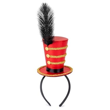 Dress Up America Ringmaster Hat for Girls Mini Red Top Hat Headband with Feather Gold Accents Circus Costume Accessory