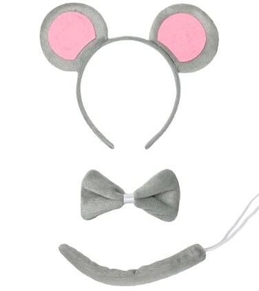 HEYFIZZ 3 Pcs Mouse Ears Headband Costume Accessories SetGrey Pink Rat Ears HeadbandBow TieTail for Kids