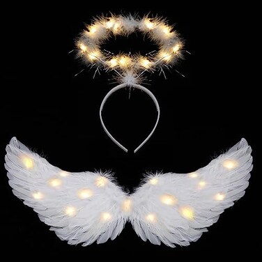 Yamgqus Angel Wings Light Up LED Wings Halo White Medium Size Unisex Adults Kids Halloween Christmas