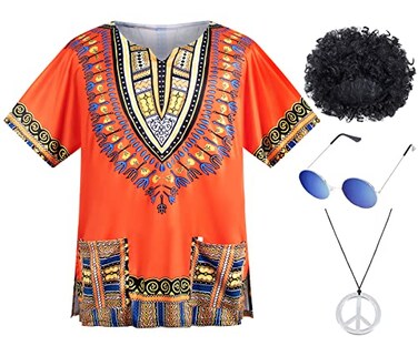 TOGROP 4 PCS Hippie Costume for Mens 60s 70s TShirt Afro Wig Accessories Set for Party Cosplay L Orange