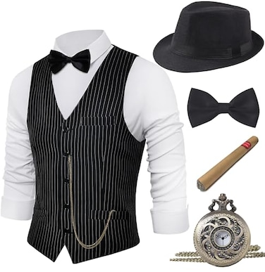 BABEYOND 1920s Mens Gatsby Gangster Vest Costume Accessories Set Fedora Hat