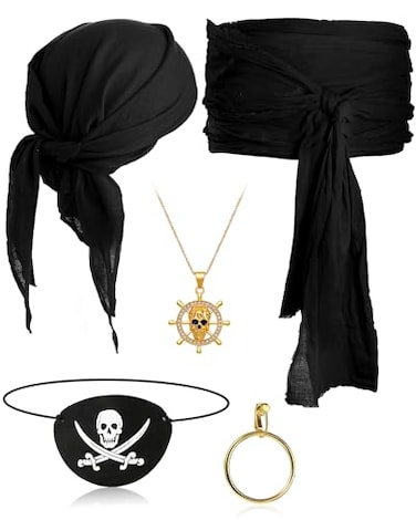 Didaey 5 Pcs Captain Pirate Costume Accessories Set Pirate Eye Patch Large Sash Headband Necklace Earring for Women MenBlack