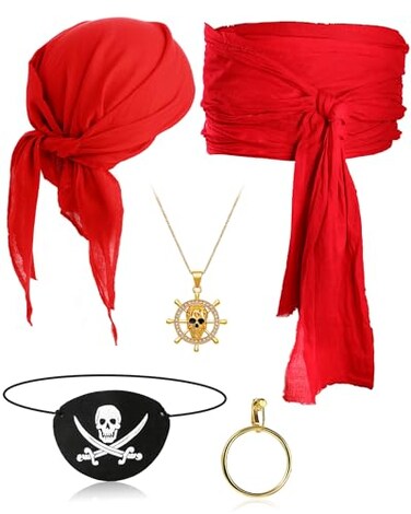 Didaey 5 Pcs Captain Pirate Costume Accessories Set Pirate Eye Patch Large Sash Headband Necklace Earring for Women MenRed