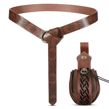 LEIFIDE 2 Pcs Medieval Viking Belt Renaissance Pouch Medieval Leather Belt Pouch Bag Embossed Renaissance Costume AccessoriesBrownRetro