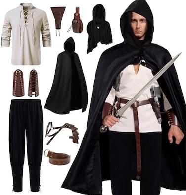 Akokvlar 10 Pcs Men Renaissance Costume Medieval Pirate Shirt Ankle Banded Pants Viking Outfit Set Large Black