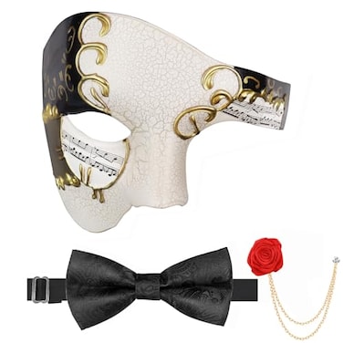 FunMular Masquerade Mask for Men Phantom of The Opera Mask Half Face with Bowtie Brooch for Halloween Mardi Gras Party