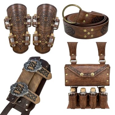 EpicCos 4 PCs Alchemy Belt Pouch Set Potion Bottle Wrist Guard and Waist Pouch Bag ORing Belt with Sword Holster for LARP