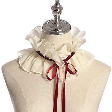 CUNLLY Vintage Chiffon Beige Ruffled Detachable Collar Red Ribbon Lace Up Costume Neck Collar Unisex