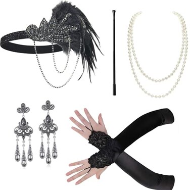 BABEYOND 1920s Flapper Accessories Gatsby Costume Accessories Set 20s Flapper Headband Pearl Necklace Gloves Plastic Holder