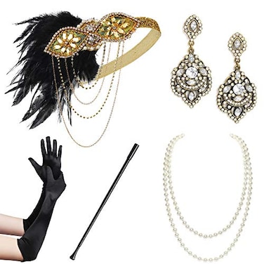 BABEYOND 1920s Flapper Accessories Gatsby Costume Accessories Set 20s Flapper Headband Pearl Necklace Gloves Plastic Holder