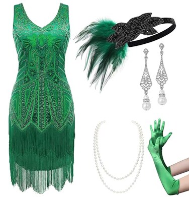 BABEYOND Womens Flapper Dresses Set 1920s V Neck Beaded Fringed Great Gatsby Dress with Accessories Set