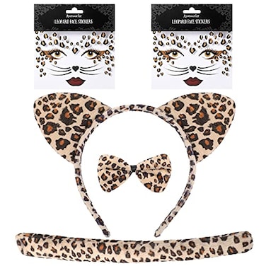 Janinka Cheetah Costume Set Cheetah Ears Headband Leopard Cat Tail Bow Tie Face Stickers for Halloween CosplayLeopard Style