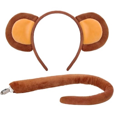 ODESABO 2PCS Monkey Ears and Tail for AdultMonkey Costume Headband Accessory for Women Halloween Cosplay Set Brown