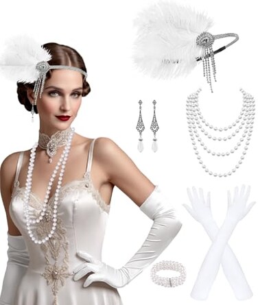 PLULON 8 Pcs 1920s Flapper Accessories Set for Women Great Gatsby Headband Headpiece Roaring 20s Costume Accessories Set
