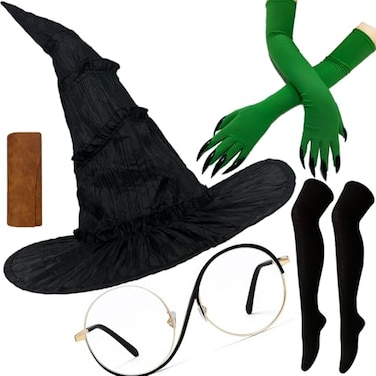 Wakejoy Witch Costume Women Hat Glasses Gloves Socks Halloween Cosplay