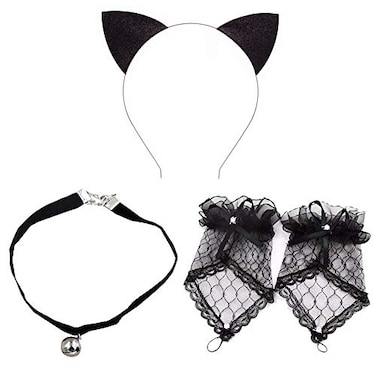 ZTL Cat Ears Headband Bell Choker Lace Fingerless Gloves Set for Cosplay Costume