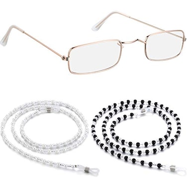 Blulu 1 Pair Small Granny Glasses with Chain Old Lady Costume Glasses Grandpa Dress up Eyeglasses 2 Beaded Sunglasses ChainsGold Rectangular Frame