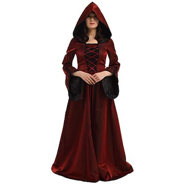 BLESSUME Women Renaissance Medieval Witch Dress Cosplay Costume Wine Red S