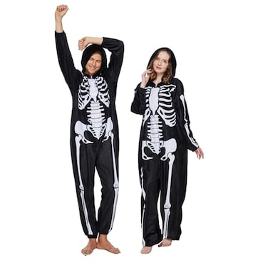 ReneeCho Skeleton Pajama Adult Skeleton Costume Unisex Halloween Onesie Costume Black