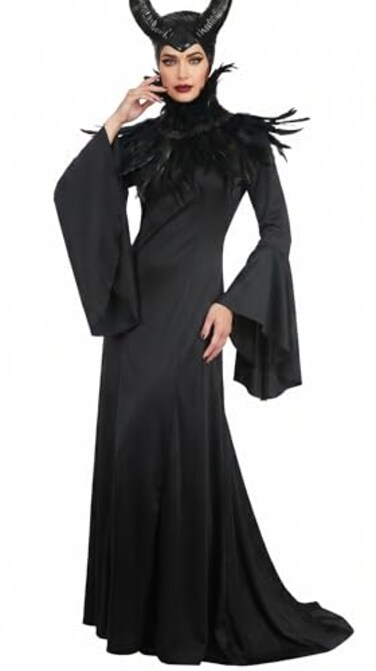 UQJE Black Gothic Witch Costume for Women Halloween Dress with Feather Shawl and Horn HeadpieceS