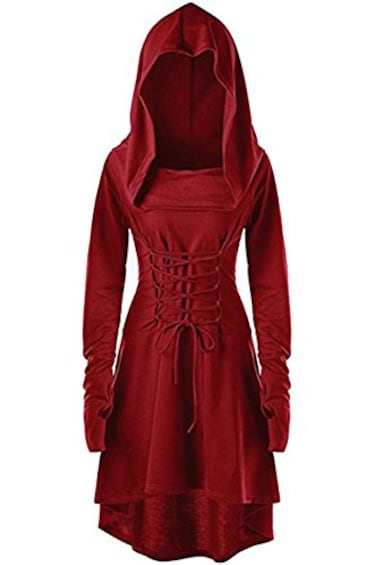 Pengfei Womens Renaissance Costumes Hooded Robe Lace Up Vintage Pullover High Low Long Hoodie Dress Red