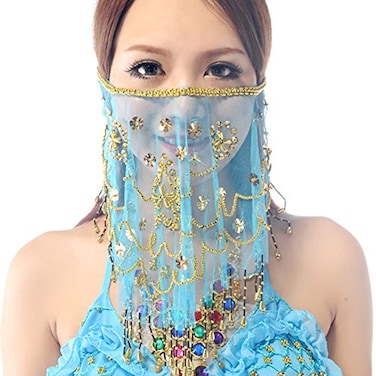 Wuchieal Womens Belly Dance Tribal Face Veil With Halloween Costume Accessory Light Blue