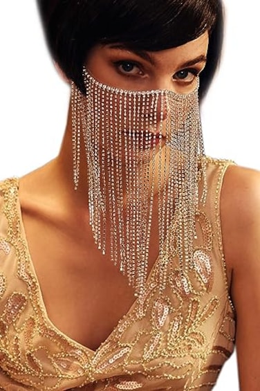 BABEYOND Crystal Rhinestone Fringe Masquerade Mask Chain Costume Headwear Mardi Gras Mask