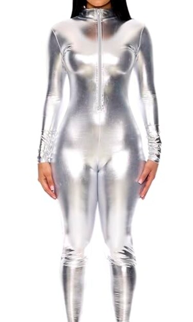 Forplay Womens Metallic Zip Front Mock Neck Catsuit Silver XSmallSmall