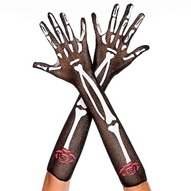 Music Legs Womens Skeleton and Rose Print Fishnet Over The Elbow Gloves BlackWhiteRed One Size