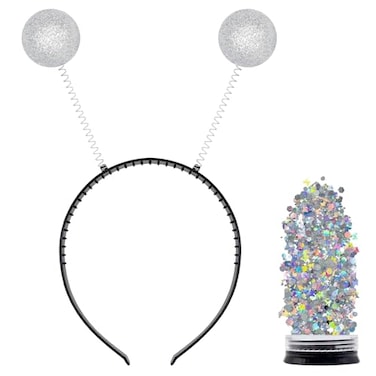 Funcredible Silver Alien Antenna Headband with Glitter Intergalactic Costume Headpiece Space Costume Accessory Set for Cosplay Festivals Photo Shoots