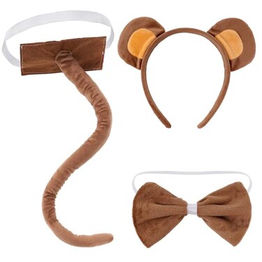 obmwang 3 Pieces Monkey Costume Set Monkey Ears Headband Bow tie and Tail Animal Monkey Accessories for Halloween Dress Up Party
