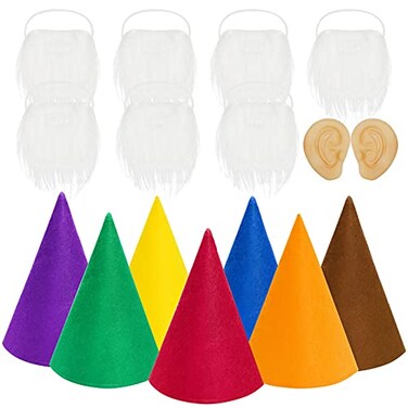 Fengek 16 Packs Dwarf Gnome Sets 7 Pcs Felt Cone Dwarf Hats 7 Pcs White Fake Beard and 2 Pcs Fake Ears for Halloween Christmas Party Cosplay Style 2