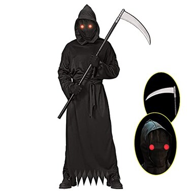 Lomesion Grim Reaper Halloween Costume with Glowing Red Eyes for Kids Scythe Included