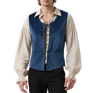 Tyuduo Mens Medieval Renaissance Pirate Vest Gothic Steampunk Waistcoat for Men Blue M