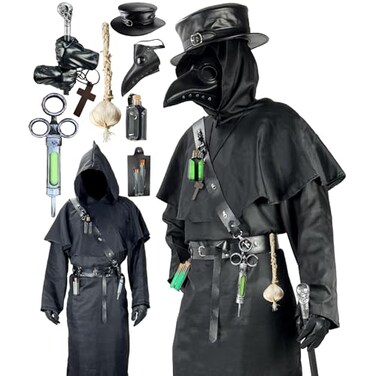 Absolute Vibe Plague Doctor Costume Set Halloween Props Renaissance Medieval Monk Priest Cosplay Outfit Mask Hat Robe Cane Black S