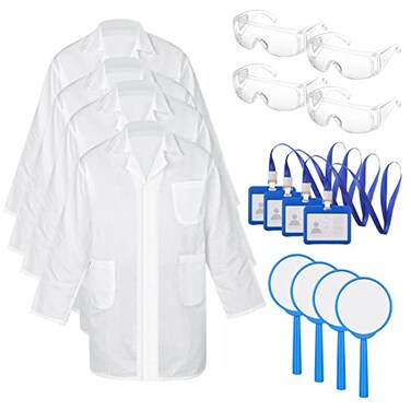 Tarpop 16 Pcs Lab Coat Costume Kit for Kids Doctor Coat Glasses ID Card for Projects Scientist Costume Halloween Christmas Cosplay M