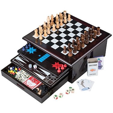 Etna Board Game Set Deluxe 15 in 1 Tabletop Woodaccented Game Center with Storage Drawer Checkers Chess Chinese Checkers Parcheesi TicTacToe SOlitaire Snakes and Ladders Mancala Backgammon Poker Dice