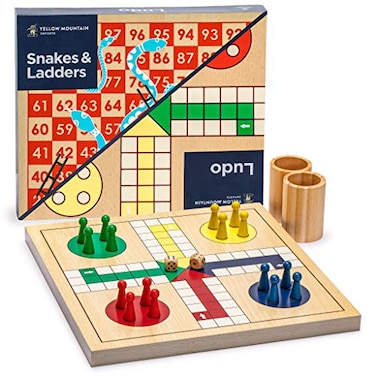Yellow Mountain Imports 2in1 Reversible Wooden Snakes and Ladders Ludo Game Set 113 inches