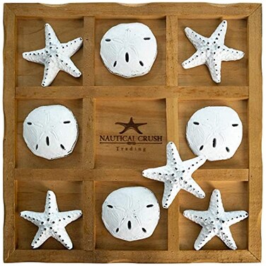 Nautical Crush Starfish Tic Tac Toe Game 9 x 9 Beach Tic Tac Toe Game Coastal Beach House Coffee Table Game Board Tic Tac Toe Decor Beach House Games White Starfish Sand Dollars