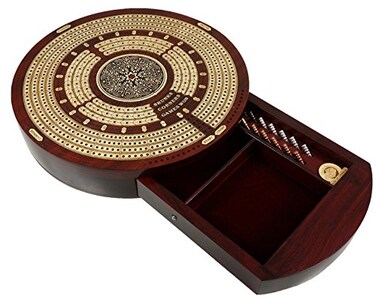 House of Round 4 Track Continuious Cribbage Board WCard Storage Drawer Maple Tracks on Bloodwood Corners Skunks Games Won