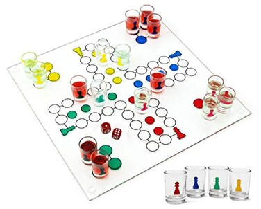 Matty's Toy Ludo Drinking Game Parcheesi with 16 Shot Glasses 2 Dice Glass Game Board